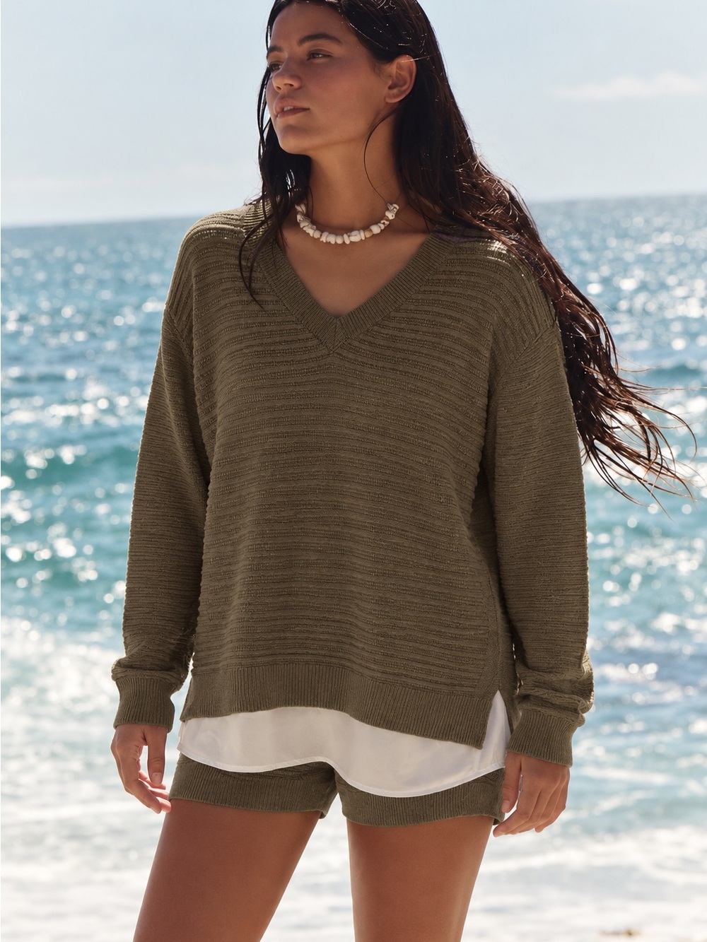 261. Hilary Radley Olive Green V-Neck Knit Sweater